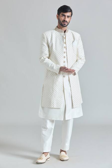 Arihant Rai Sinha_White Silk, Satin Sequins Mirror Jaal Embroidered Sherwani Jacket And Pant Set_at_Aza_Fashions