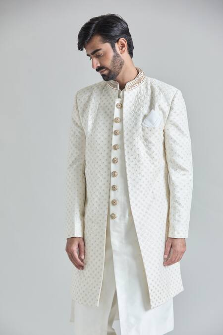 Buy_Arihant Rai Sinha_White Silk, Satin Sequins Mirror Jaal Embroidered Sherwani Jacket And Pant Set
