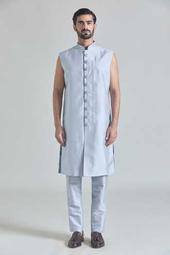 Arihant Rai Sinha_Blue Silk, Satin Sequins, Embroidery Diamond Vine Sherwani Jacket And Pant Set _Online_at_Aza_Fashions