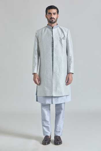 Buy_Arihant Rai Sinha_Blue Silk, Satin Sequins, Embroidery Diamond Vine Sherwani Jacket And Pant Set _Online_at_Aza_Fashions