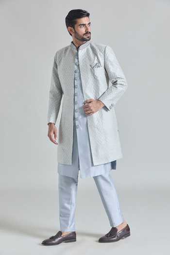 Shop_Arihant Rai Sinha_Blue Silk, Satin Sequins, Embroidery Diamond Vine Sherwani Jacket And Pant Set _Online_at_Aza_Fashions