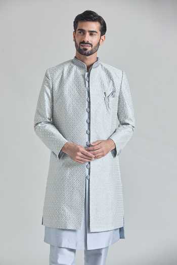 Arihant Rai Sinha_Blue Silk, Satin Sequins, Embroidery Diamond Vine Sherwani Jacket And Pant Set _at_Aza_Fashions