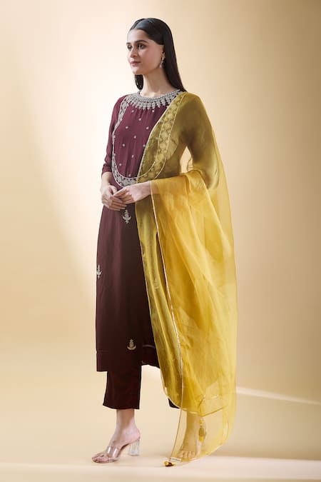 Buy Samyukta Singhania Brown Silk Organza, Silk, Chanderi Embroidery Round Zari Yoke Kurta Pant Set Online at Aza Fashions Buy_Samyukta Singhania_Brown Silk Organza, Silk, Chanderi Embroidery Round Zari Yoke Kurta Pant Set _Online_at_Aza_Fashions