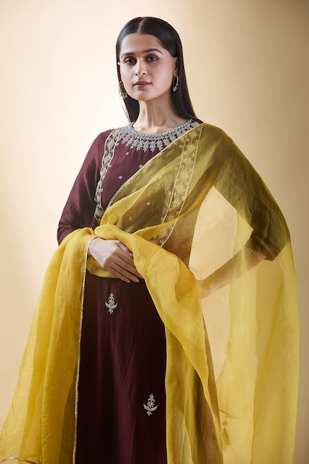 Shop Samyukta Singhania Brown Silk Organza, Silk, Chanderi Embroidery Round Zari Yoke Kurta Pant Set Online at Aza Fashions Shop_Samyukta Singhania_Brown Silk Organza, Silk, Chanderi Embroidery Round Zari Yoke Kurta Pant Set _Online_at_Aza_Fashions