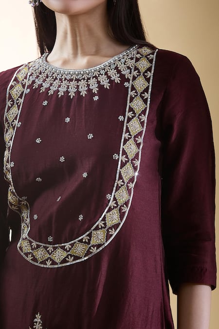 Samyukta Singhania Brown Silk Organza, Silk, Chanderi Embroidery Round Zari Yoke Kurta Pant Set at Aza Fashions Samyukta Singhania_Brown Silk Organza, Silk, Chanderi Embroidery Round Zari Yoke Kurta Pant Set _at_Aza_Fashions