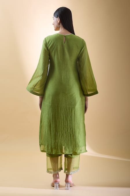 Shop Samyukta Singhania Green Chanderi, Silk Organza, Cotton Embroidery, Zari Floral Kurta Pant Set at Aza Fashions Shop_Samyukta Singhania_Green Chanderi, Silk Organza, Cotton Embroidery, Zari Floral Kurta Pant Set _at_Aza_Fashions