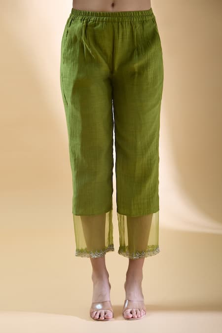 Samyukta Singhania Green Chanderi, Silk Organza, Cotton Embroidery, Zari Floral Kurta Pant Set Online at Aza Fashions Samyukta Singhania_Green Chanderi, Silk Organza, Cotton Embroidery, Zari Floral Kurta Pant Set _Online_at_Aza_Fashions