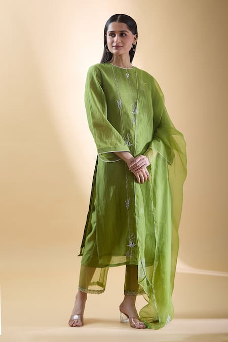 Buy Samyukta Singhania Green Chanderi, Silk Organza, Cotton Embroidery, Zari Floral Kurta Pant Set Online at Aza Fashions Buy_Samyukta Singhania_Green Chanderi, Silk Organza, Cotton Embroidery, Zari Floral Kurta Pant Set _Online_at_Aza_Fashions