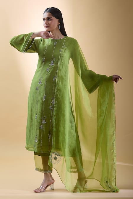 Shop Samyukta Singhania Green Chanderi, Silk Organza, Cotton Embroidery, Zari Floral Kurta Pant Set Online at Aza Fashions Shop_Samyukta Singhania_Green Chanderi, Silk Organza, Cotton Embroidery, Zari Floral Kurta Pant Set _Online_at_Aza_Fashions