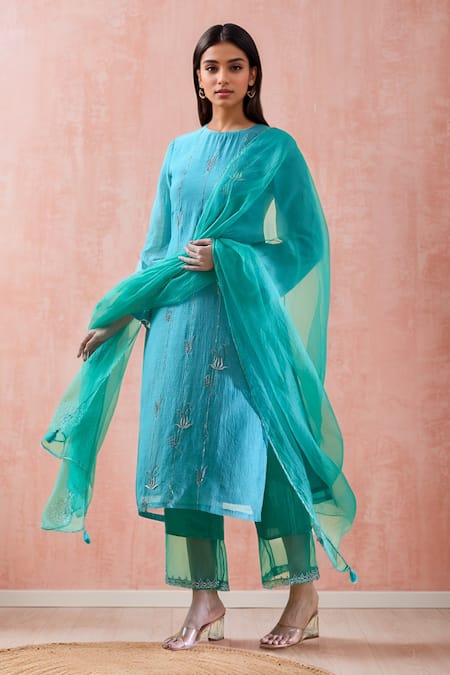 Samyukta Singhania Blue , Silk Organza, , Leaf Kurta Pant Set