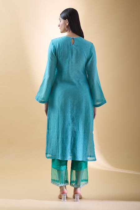 Shop Samyukta Singhania Blue , Silk Organza, , Leaf Kurta Pant Set at Aza Fashions Shop_Samyukta Singhania_Blue , Silk Organza, , Leaf Kurta Pant Set _at_Aza_Fashions