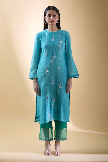Samyukta Singhania Blue , Silk Organza, , Leaf Kurta Pant Set Online at Aza Fashions Samyukta Singhania_Blue , Silk Organza, , Leaf Kurta Pant Set _Online_at_Aza_Fashions