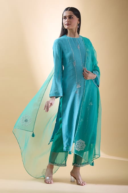Shop Samyukta Singhania Blue , Silk Organza, , Leaf Kurta Pant Set Online at Aza Fashions Shop_Samyukta Singhania_Blue , Silk Organza, , Leaf Kurta Pant Set _Online_at_Aza_Fashions