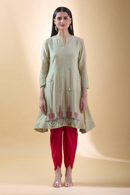 Samyukta Singhania_Green , Cotton, Organza, Crepe Mirrors, Embroidered Kurta Dhoti Set _Online_at_Aza_Fashions