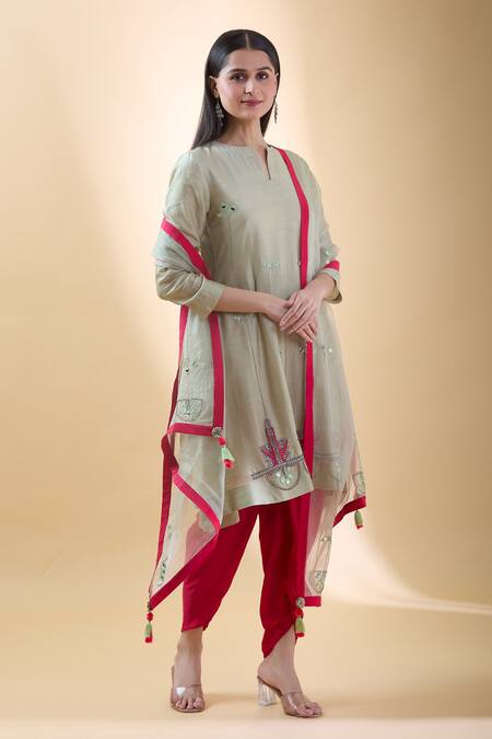 Shop_Samyukta Singhania_Green , Cotton, Organza, Crepe Mirrors, Embroidered Kurta Dhoti Set _Online_at_Aza_Fashions