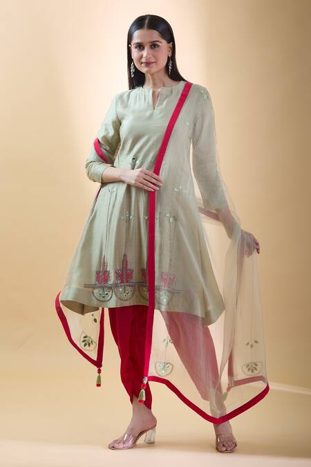 Samyukta Singhania_Green , Cotton, Organza, Crepe Mirrors, Embroidered Kurta Dhoti Set _at_Aza_Fashions