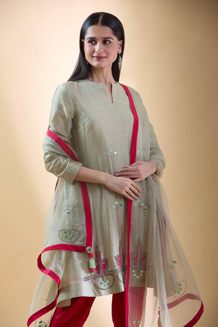 Buy_Samyukta Singhania_Green , Cotton, Organza, Crepe Mirrors, Embroidered Kurta Dhoti Set 
