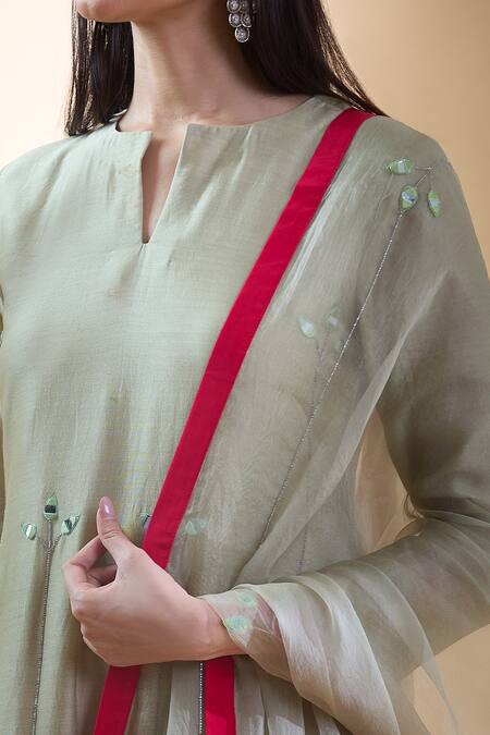 Shop_Samyukta Singhania_Green , Cotton, Organza, Crepe Mirrors, Embroidered Kurta Dhoti Set 