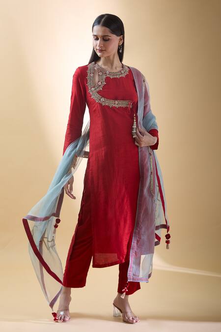 Shop_Samyukta Singhania_Red , Organza Zari Round Neck Floral Embroidered Kurta Pant Set _Online_at_Aza_Fashions