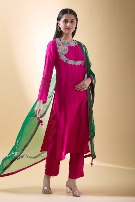 Buy_Samyukta Singhania_Pink Organza, Embroidery, Zari Round Neck Flora Kurta Pant Set _Online_at_Aza_Fashions
