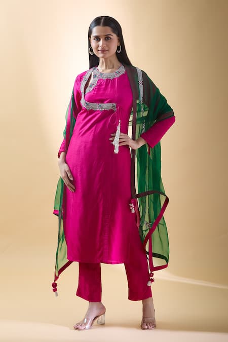 Shop_Samyukta Singhania_Pink Organza, Embroidery, Zari Round Neck Flora Kurta Pant Set _Online_at_Aza_Fashions