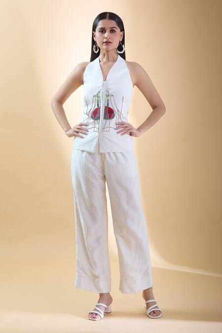 Buy Samyukta Singhania Ivory Cotton Beads V-neck Embroidered Waistcoat With Pant Online at Aza Fashions Buy_Samyukta Singhania_Ivory Cotton Beads V-neck Embroidered Waistcoat With Pant _Online_at_Aza_Fashions