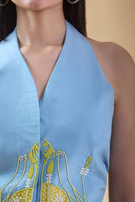 Shop_Samyukta Singhania_Blue Cotton Beads, Cut Work V-neck Beadwork Waistcoat With Pant _Online_at_Aza_Fashions