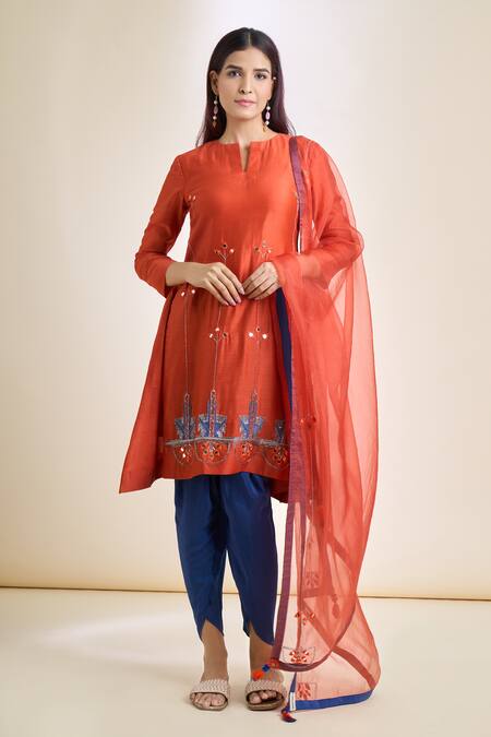 Naintara Bajaj Orange , Crepe, Organza Mirrors, Patchwork Embroidered Kurta Dhoti Set Online at Aza Fashions Naintara Bajaj_Orange , Crepe, Organza Mirrors, Patchwork Embroidered Kurta Dhoti Set _Online_at_Aza_Fashions