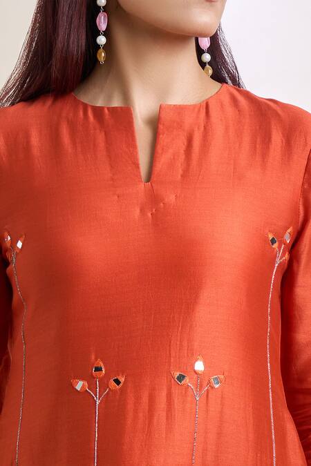 Naintara Bajaj Orange , Crepe, Organza Mirrors, Patchwork Embroidered Kurta Dhoti Set at Aza Fashions Naintara Bajaj_Orange , Crepe, Organza Mirrors, Patchwork Embroidered Kurta Dhoti Set _at_Aza_Fashions