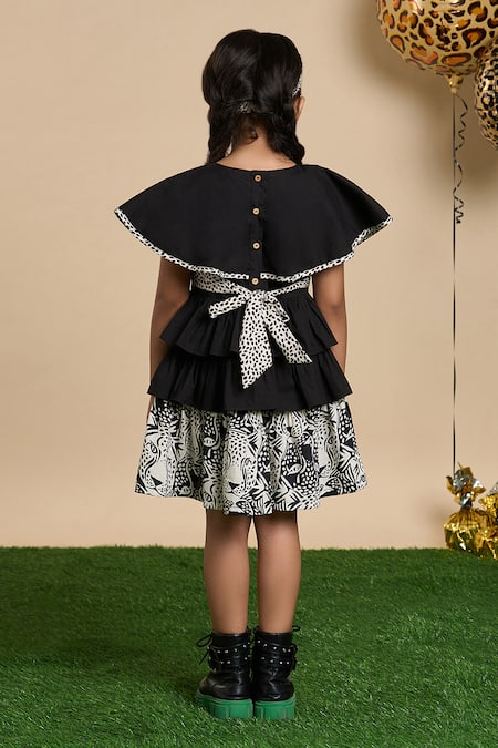 Shop_Lil Drama_Black Cotton, Poplin Leopard Print Tiered Ruffle Dress And Hairband _at_Aza_Fashions