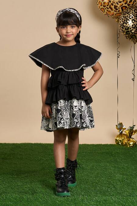 Buy_Lil Drama_Black Cotton, Poplin Leopard Print Tiered Ruffle Dress And Hairband _Online_at_Aza_Fashions