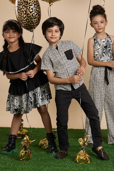 Lil Drama_Black Cotton, Poplin Leopard Print Tiered Ruffle Dress And Hairband _at_Aza_Fashions