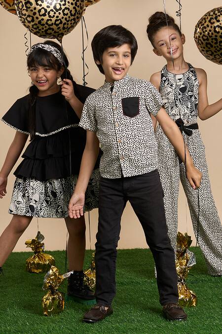 Shop_Lil Drama_Black Cotton, Poplin, Faux Leather Leopard Gaze Print Jumpsuit Set _Online_at_Aza_Fashions