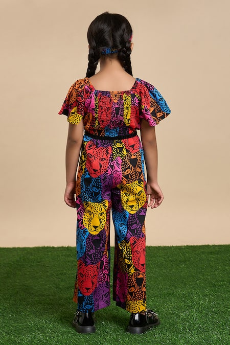 Shop Lil Drama Multi Color Cotton, Poplin Leopard Gaze Print Jumpsuit With Hairband at Aza Fashions Shop_Lil Drama_Multi Color Cotton, Poplin Leopard Gaze Print Jumpsuit With Hairband _at_Aza_Fashions