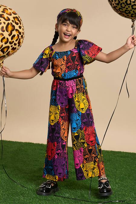 Lil Drama Multi Color Cotton, Poplin Leopard Gaze Print Jumpsuit With Hairband Online at Aza Fashions Lil Drama_Multi Color Cotton, Poplin Leopard Gaze Print Jumpsuit With Hairband _Online_at_Aza_Fashions
