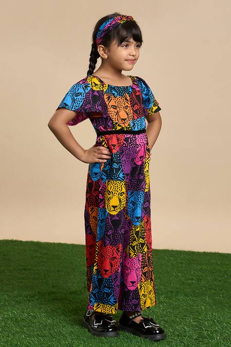 Buy Lil Drama Multi Color Cotton, Poplin Leopard Gaze Print Jumpsuit With Hairband Online at Aza Fashions Buy_Lil Drama_Multi Color Cotton, Poplin Leopard Gaze Print Jumpsuit With Hairband _Online_at_Aza_Fashions