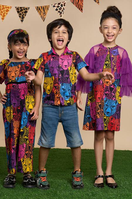 Lil Drama Multi Color Cotton, Poplin Leopard Gaze Print Jumpsuit With Hairband at Aza Fashions Lil Drama_Multi Color Cotton, Poplin Leopard Gaze Print Jumpsuit With Hairband _at_Aza_Fashions