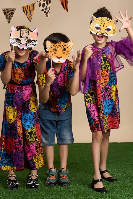 Buy Lil Drama Multi Color Cotton, Poplin Leopard Gaze Print Jumpsuit With Hairband Buy_Lil Drama_Multi Color Cotton, Poplin Leopard Gaze Print Jumpsuit With Hairband