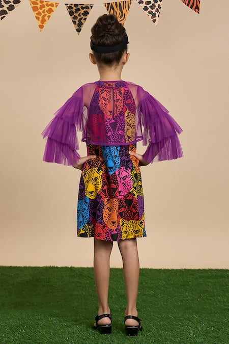 Shop Lil Drama Multi Color Cotton, Poplin Leopard Gaze Print Dress With Ruffle Tiered Jacket at Aza Fashions Shop_Lil Drama_Multi Color Cotton, Poplin Leopard Gaze Print Dress With Ruffle Tiered Jacket _at_Aza_Fashions
