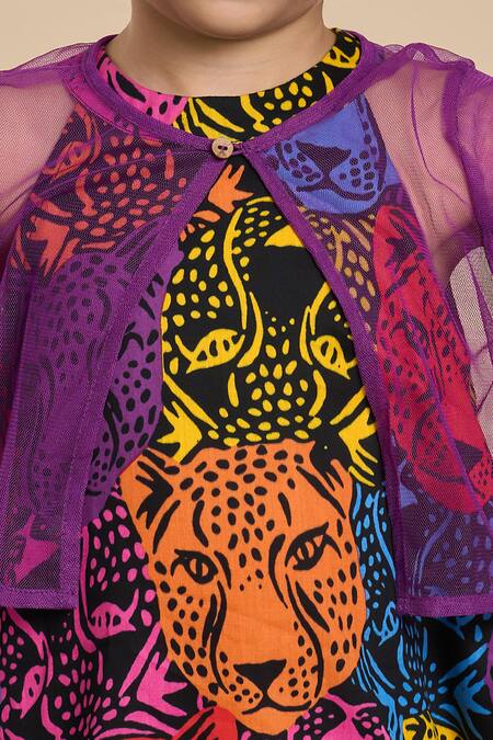 Lil Drama Multi Color Cotton, Poplin Leopard Gaze Print Dress With Ruffle Tiered Jacket Online at Aza Fashions Lil Drama_Multi Color Cotton, Poplin Leopard Gaze Print Dress With Ruffle Tiered Jacket _Online_at_Aza_Fashions