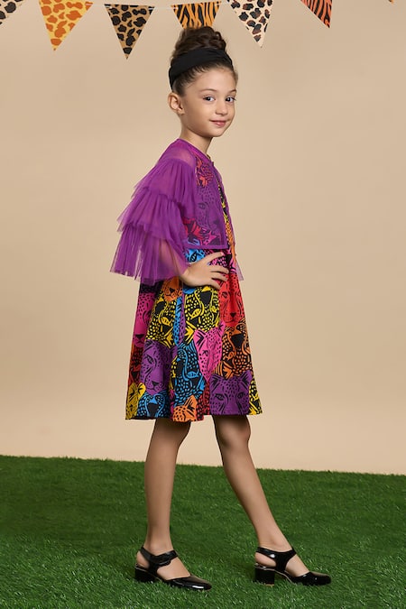 Shop Lil Drama Multi Color Cotton, Poplin Leopard Gaze Print Dress With Ruffle Tiered Jacket Online at Aza Fashions Shop_Lil Drama_Multi Color Cotton, Poplin Leopard Gaze Print Dress With Ruffle Tiered Jacket _Online_at_Aza_Fashions