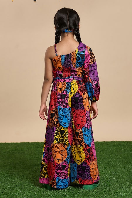 Shop Lil Drama Multi Color Cotton, Poplin Leopard Print One Shoulder Top And Flared Pant Set at Aza Fashions Shop_Lil Drama_Multi Color Cotton, Poplin Leopard Print One Shoulder Top And Flared Pant Set _at_Aza_Fashions
