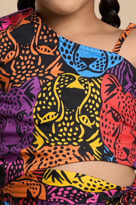 Buy Lil Drama Multi Color Cotton, Poplin Leopard Print One Shoulder Top And Flared Pant Set Online at Aza Fashions Buy_Lil Drama_Multi Color Cotton, Poplin Leopard Print One Shoulder Top And Flared Pant Set _Online_at_Aza_Fashions