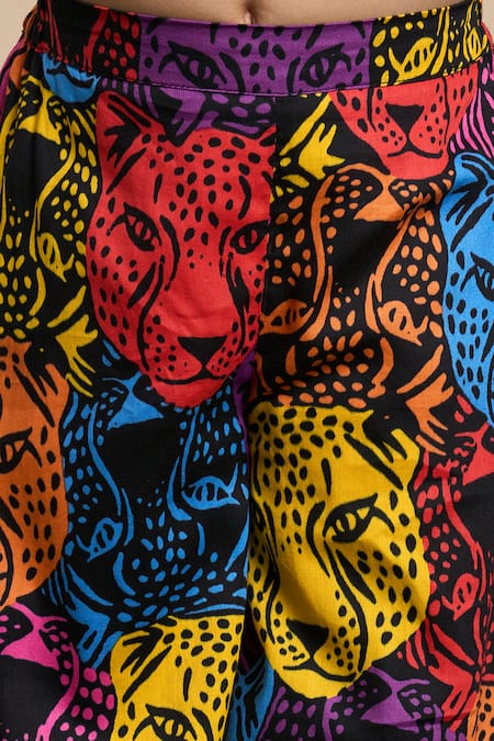 Shop Lil Drama Multi Color Cotton, Poplin Leopard Print One Shoulder Top And Flared Pant Set Online at Aza Fashions Shop_Lil Drama_Multi Color Cotton, Poplin Leopard Print One Shoulder Top And Flared Pant Set _Online_at_Aza_Fashions