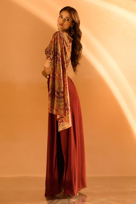 Shop Samyukta Singhania Maroon Georgette Embroidery Round Neck, Solid Draped Skirt Set With Jacket at Aza Fashions Shop_Samyukta Singhania_Maroon Georgette Embroidery Round Neck, Solid Draped Skirt Set With Jacket _at_Aza_Fashions