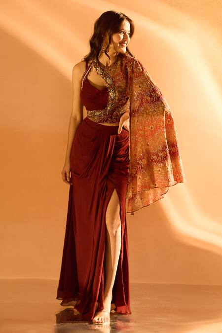 Samyukta Singhania Maroon Georgette Embroidery Round Neck, Solid Draped Skirt Set With Jacket Online at Aza Fashions Samyukta Singhania_Maroon Georgette Embroidery Round Neck, Solid Draped Skirt Set With Jacket _Online_at_Aza_Fashions