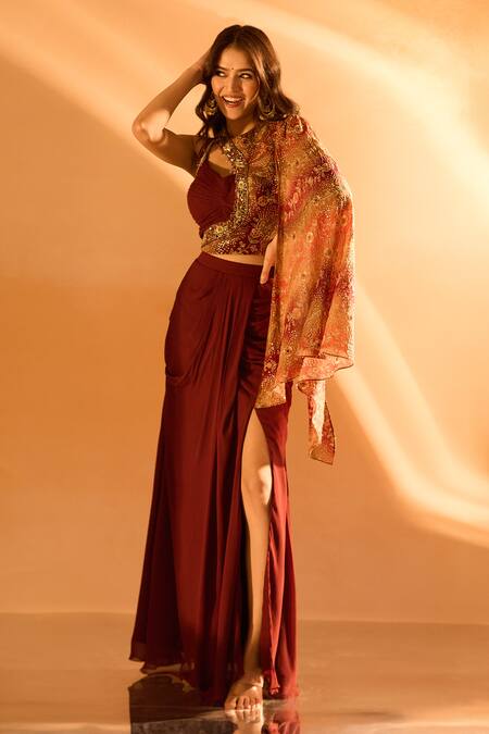 Buy Samyukta Singhania Maroon Georgette Embroidery Round Neck, Solid Draped Skirt Set With Jacket Online at Aza Fashions Buy_Samyukta Singhania_Maroon Georgette Embroidery Round Neck, Solid Draped Skirt Set With Jacket _Online_at_Aza_Fashions