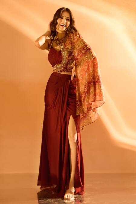 Shop Samyukta Singhania Maroon Georgette Embroidery Round Neck, Solid Draped Skirt Set With Jacket Online at Aza Fashions Shop_Samyukta Singhania_Maroon Georgette Embroidery Round Neck, Solid Draped Skirt Set With Jacket _Online_at_Aza_Fashions