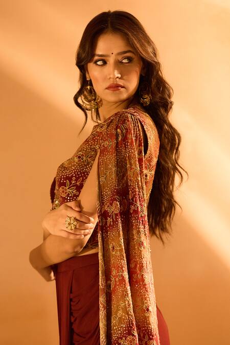 Samyukta Singhania Maroon Georgette Embroidery Round Neck, Solid Draped Skirt Set With Jacket at Aza Fashions Samyukta Singhania_Maroon Georgette Embroidery Round Neck, Solid Draped Skirt Set With Jacket _at_Aza_Fashions