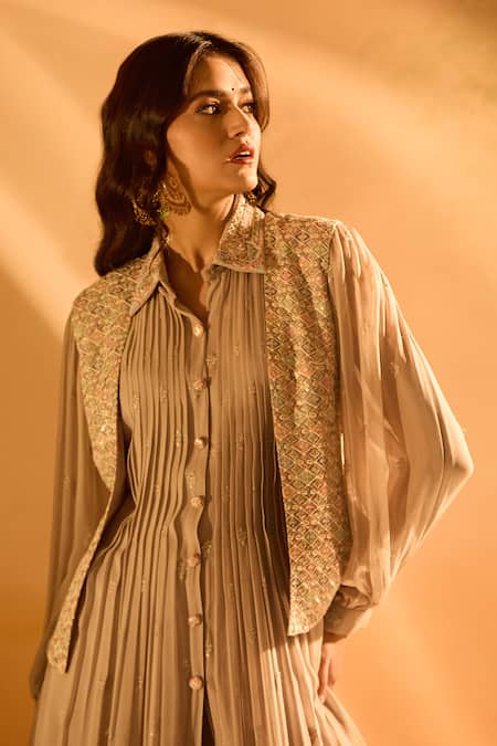 Shop_Samyukta Singhania_Grey Georgette Embroidery Collared, Open Pleat Detailed Kurta Set With Jacket _Online_at_Aza_Fashions